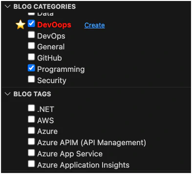 Webview panel for selecting tags and categories